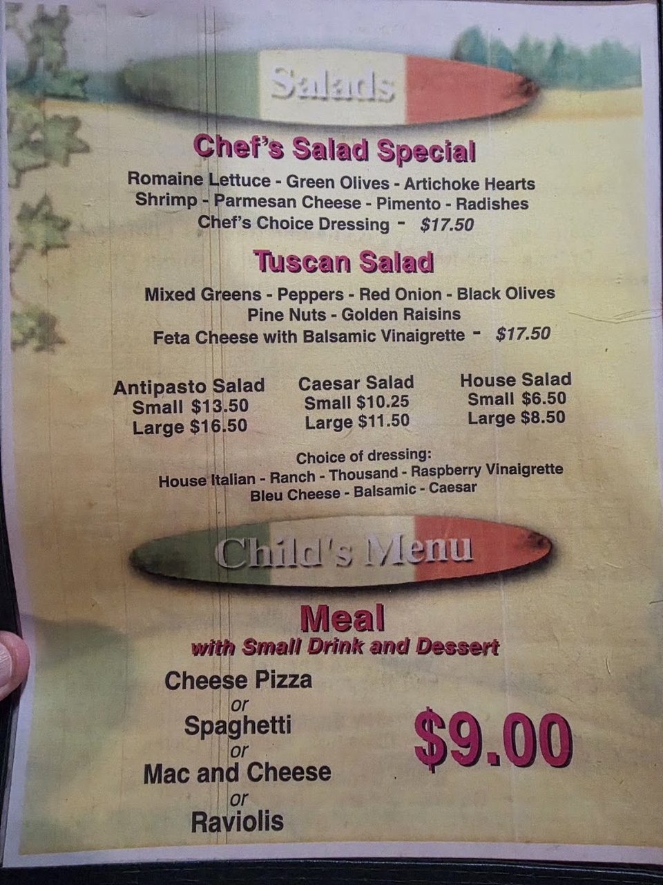 Printed menu showing salads, pasta, and entrees.