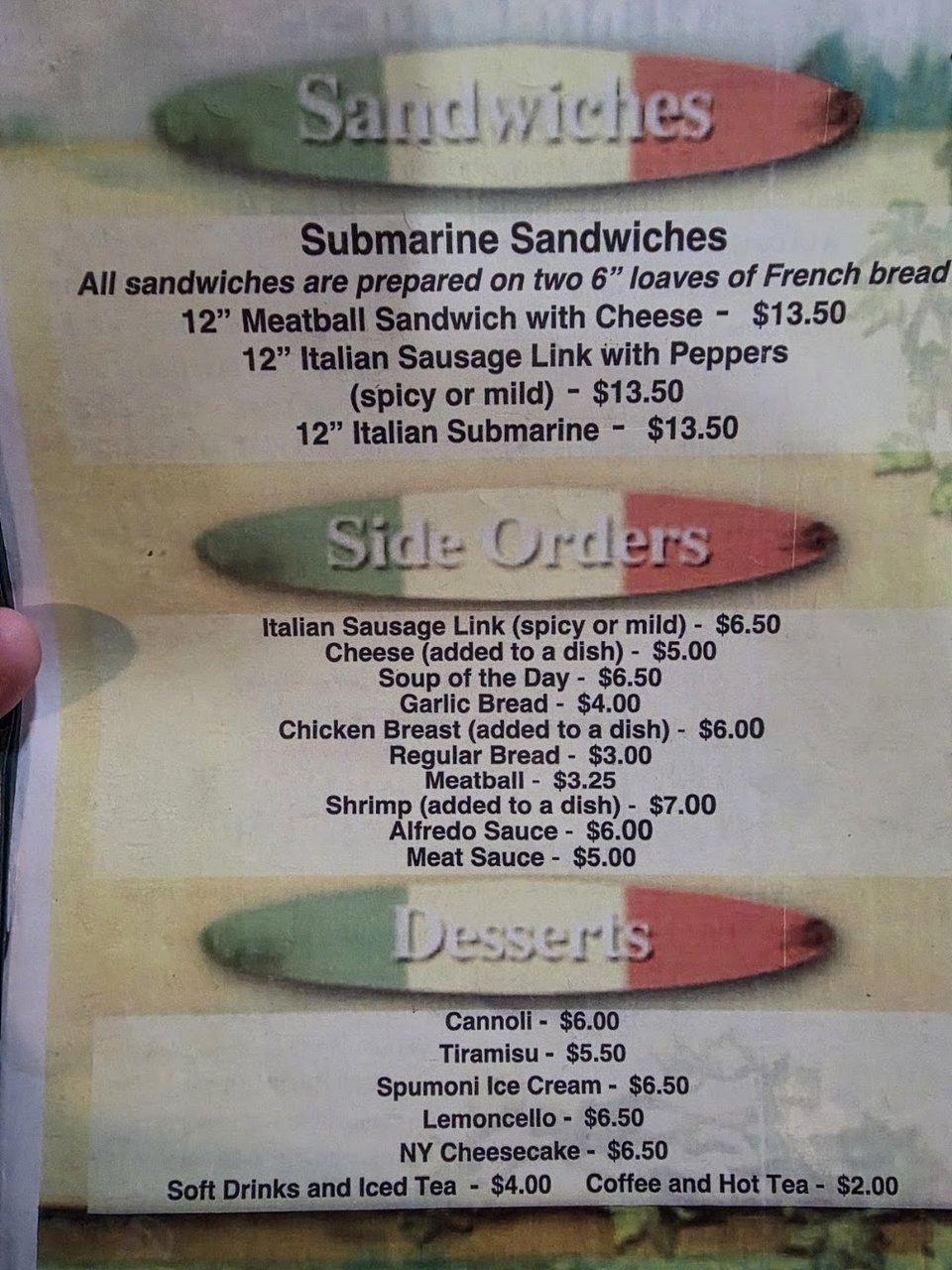 Italian restaurant menu with lunch specials.